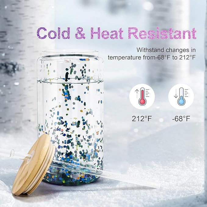 Sublimation Snow Globe Glass Can Blanks, 25Pack 16oz Sublimation Double Wall Glass Tumbler with Bamboo Lids and Straws, Reusable Clear Beer Can Mason Jar Mug for Snow Globe Glitter DIY