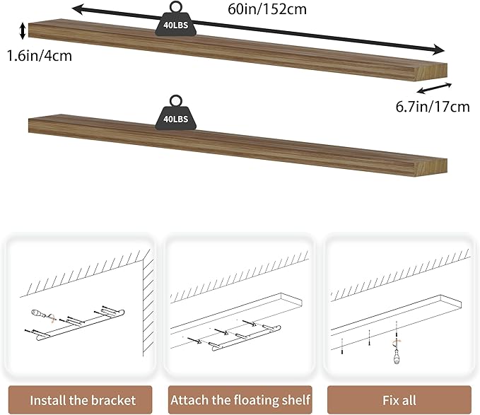 60 inch Long Floating Shelves for Wall,Solid Wood Long Shelves Set of 2,Brown Rustic Mounted Shelves for Bathroom Bedroom Home Office (Brown, 60 Inch)