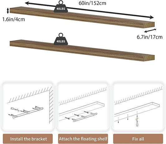 60 inch Long Floating Shelves for Wall,Solid Wood Long Shelves Set of 2,Brown Rustic Mounted Shelves for Bathroom Bedroom Home Office (Brown, 60 Inch)