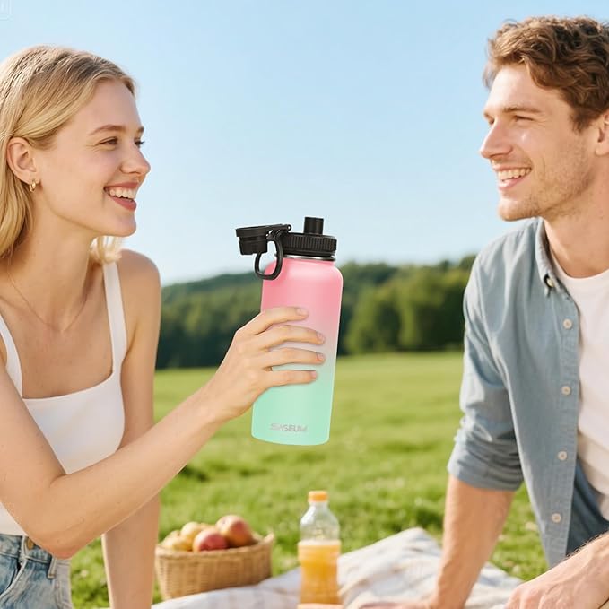SASEUM Insulated Stainless Steel Water Bottles 32oz with Spout Lids Metal Vacuum Thermal Large Water Jug Leak-proof Reusable Flask for Sports Gym and Travel,Pink-Green