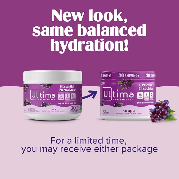 Ultima Replenisher Daily Electrolyte Powder Drink Mix – Sugar Free – Grape, 30 Servings – Hydration Powder with 6 Key Electrolytes and Trace Minerals – Keto Friendly, Vegan, Non-GMO