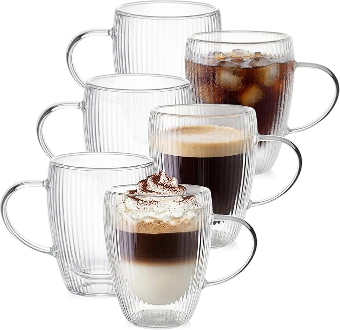 Zhehao 6 Pack Double Wall Glass Coffee Mugs with Handle 12 oz Clear Coffee Cups with Handle Insulated Glass Espresso Mugs Tea Cups for Latte Cappuccino Hot Chocolate