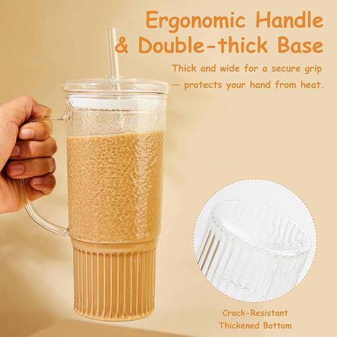 Glass Cups with Lids and Straws,24oz Glass Tumbler with Handle Iced Coffee Cup for Coffee,Juice,Tea,Milk,Smoothie,Hot & Cold Drinks (Clear)