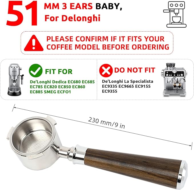 51mm Bottomless Portafilter 3 Ears, Davonpha Professional Espresso Portafilter 51mm compatible with De-longhi EC680, EC685 & EC885 Espresso Machine, Stainless Steel Basket and Black Rosewood Handle