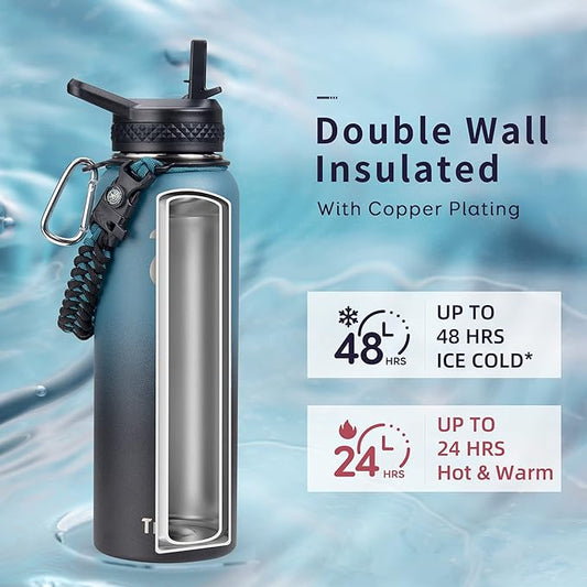 Trebo Water Bottle Insulated 40oz with Paracord Handle, Vacuum Double Wall Stainless Steel Water Jug, 48hr Cold Retention, Leakproof BPA-Free Flask With 3 Lids Fits in Car Cup Holder, Indigo/Black