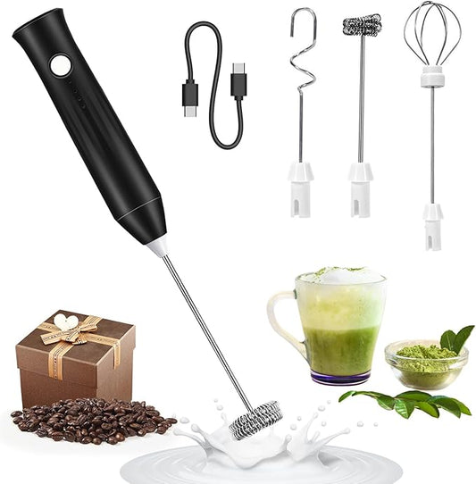 Milk Frother Handheld Rechargeable USB C, 3-in-1 Coffee Frother Wand Drink Mixer Electric Whisk Stirrer with 3 Detachable Stainless Steel Heads, 3 Speed Powder Mixer Foam Maker for Latte, Matcha,Black