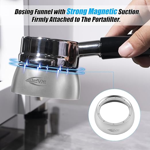 IKAPE Magnetic Dosing Funnel Set, 58MM Espresso Dosing Ring & Puck Screen Kit Compatible with 58 mm Bottomless Portafilter - with 10 Small Magnet (Silver)