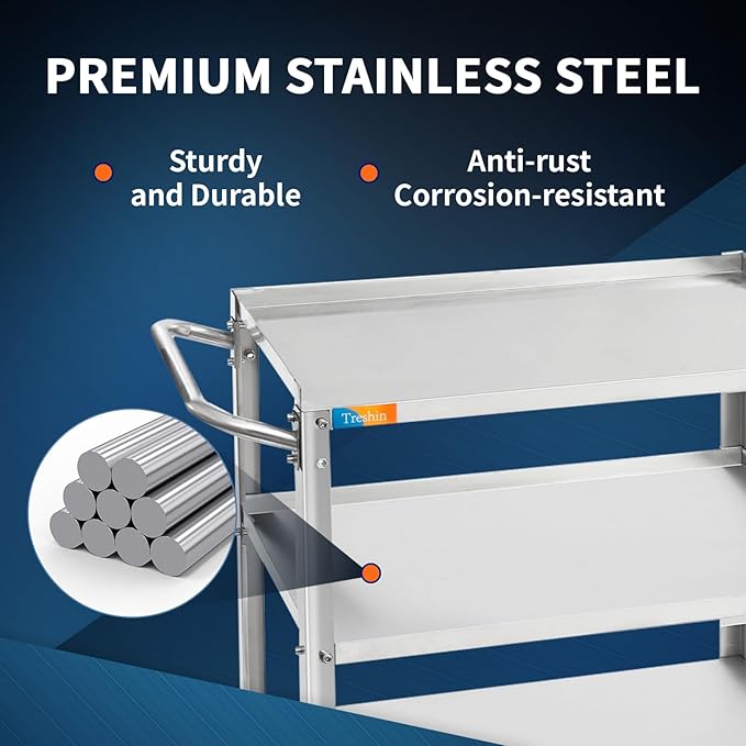 Treshin 3 Tier Stainless Steel Utility Cart Commercial Heavy Duty Rolling Cart Food Storage Service Trolley with Handle and Wheels for Kitchen Restaurant Hospita Lab and Hotel 16.5"W x 27.6"L x 31.9"H