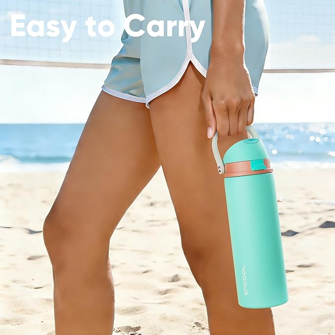Insulated Water Bottle with Straw - Encool Stainless Steel Water Bottle with Push Button Lid, Leak-Proof & BPA-Free, Keeps Cold for 24 Hours for Sports, Travel, Gym (32 oz, Turquoise)