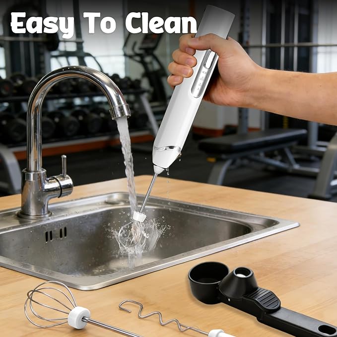 Juome Frother for Protein Powder - Rechargeable 4-in-1 Protein Mixer Wand Set, Protein Powder Scoop Funnel, Waterproof Electric Drink Frother Wand for Milk, Coffee, Lattes, Matcha & Creamer (White)