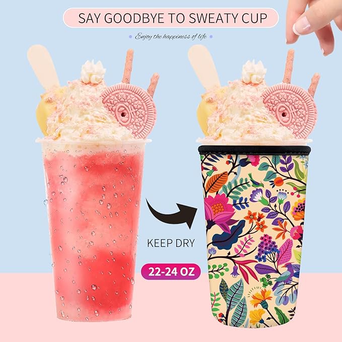 Reusable Neoprene Insulator Sleeve for Iced Coffee Cups, Medium 22-28oz Durable Drink Sleeve for Cold Beverages, Cute Beverage Holder Cup Sleeve for Women Men Boho Pink Floral