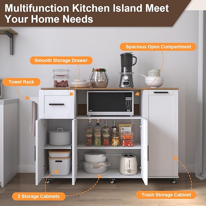 Rolling Kitchen Island Cart on Wheels,59" Mobile Island Carts with Folding Drop Leaf & 2 Storage Cabinet,Portable Prep Table with Drawer & Trash Storage Cabinet for Kitchen,White