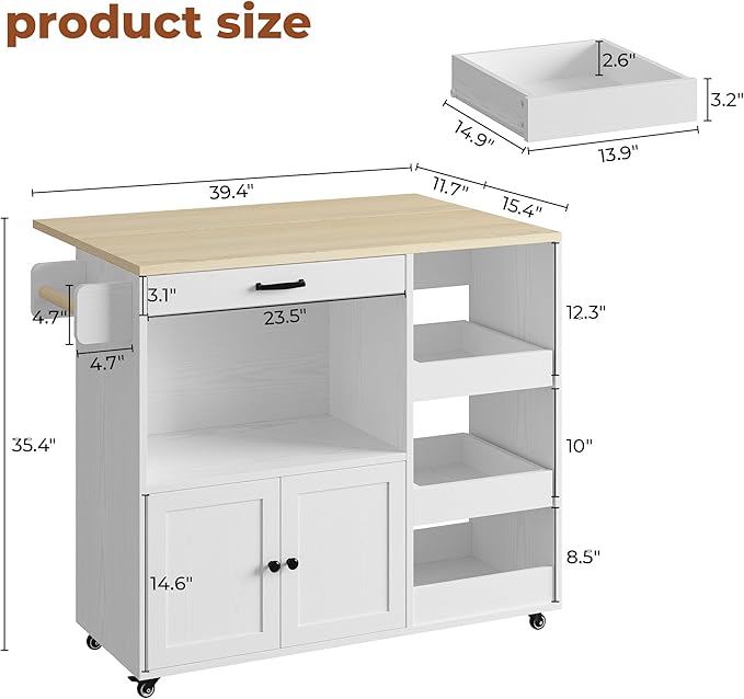LIKIMIO Kitchen Island with Drop Leaf, Rolling Kitchen Island Cart on Wheels with Storage, Microwave Cart with Pull Out Open Shelves and Drawer, Mobile Kitchen Storage Islands, White