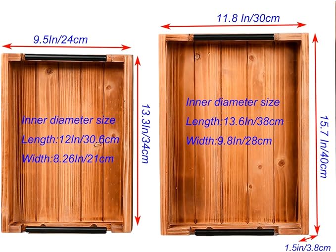 Coffee Table Tray Decorative Nested Vintage Wood Serving Tray Set for Eating, Breakfast, Party, Kitchen, Ottoman,Tea Coffee Table Large Ottoman Trays (Wood, 2pc)