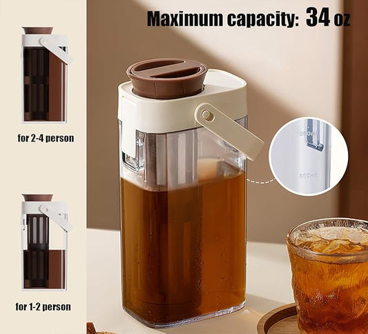 34 oz Cold Brew Coffee Maker, Cold Brew Pitcher for Fridge, Portable Cold Brew Coffee Maker, with Bottle Brush, Ice Brew Bottle for Ice Tea Coffee, Suitable for Home Outdoor Camping Trip