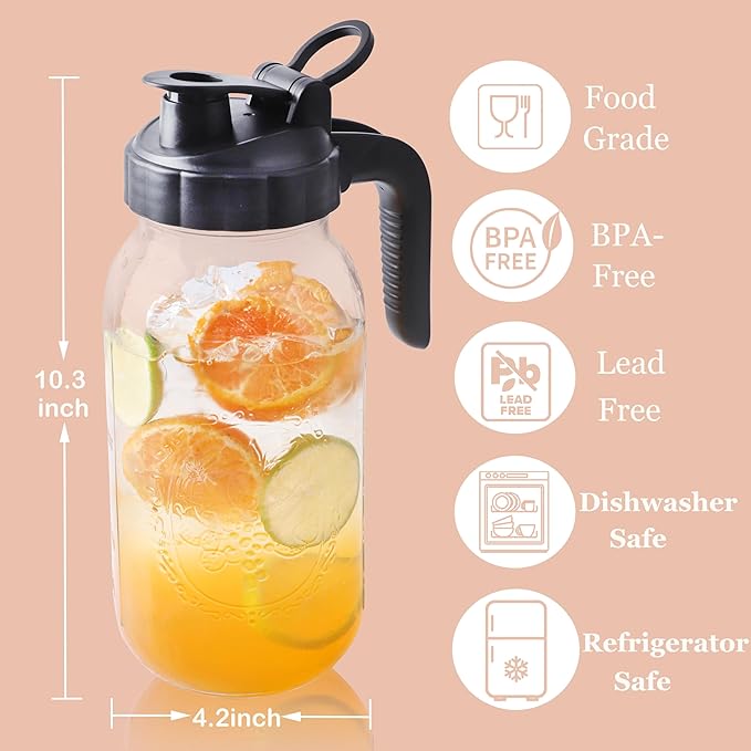 Half Gallon Mason Jar Pitcher With Lid 64 Oz Cold Hot Water Pitchers With Pour Spout 2 Quart Sun Tea Glass Jug For Fridge Beverage,Tea, Coffee, Lemonade, Juice, Milk Container Leakproof
