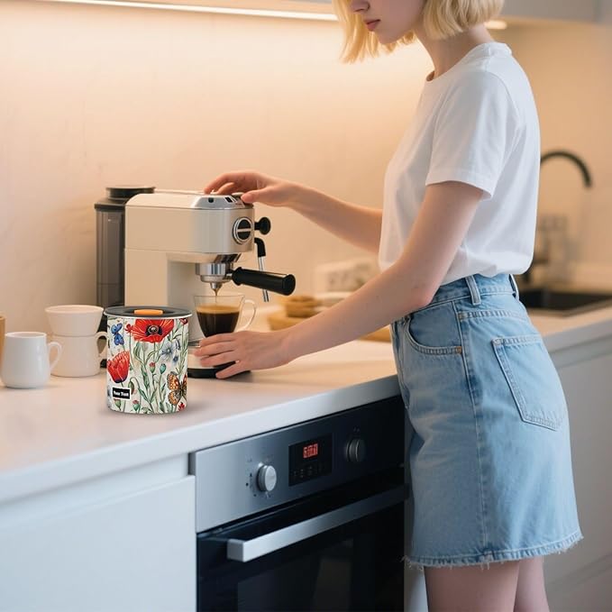 ALAZA Red Poppy Flowers Butterfly Airtight Coffee Bean Canister Customed 500ml Food Storage Containers with Lids For Gournd, Tea, Sugar, Flour, Rice, Cereal, Candy Cookie Jar