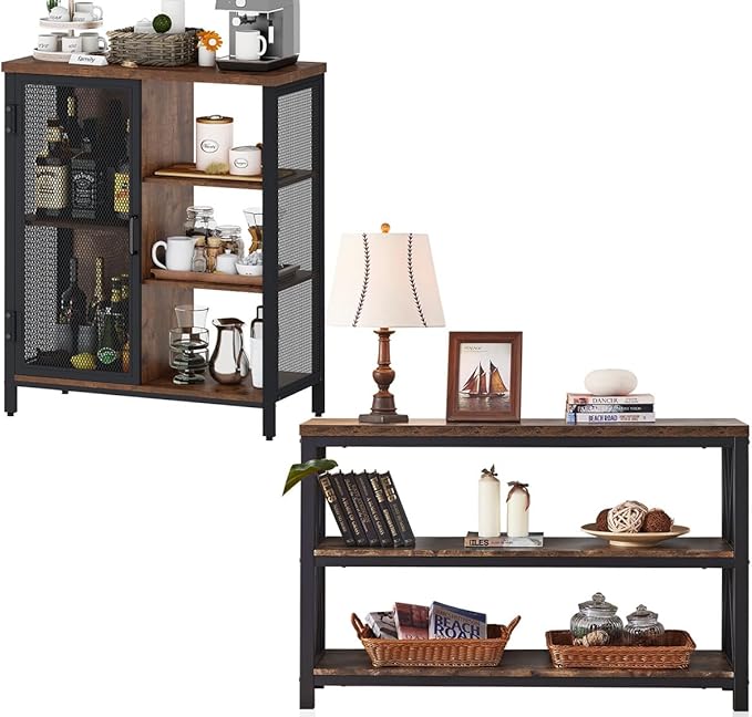 BON AUGURE Industrial Coffee Bar Cabinet for Home, Rustic Console Table Behind Couch, Wood and Metal Furniture Set for Living Room(Rustic)