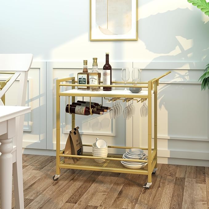 LAATOOREE Bar Cart, Two-Color Home Bar Serving Cart, Mobile Drink Beverage Cart with 2 Storage Shelves, Rolling Kitchen Cart with Wine Holder and Glass Holder, for Dinning Room, Living Room, Kitchen