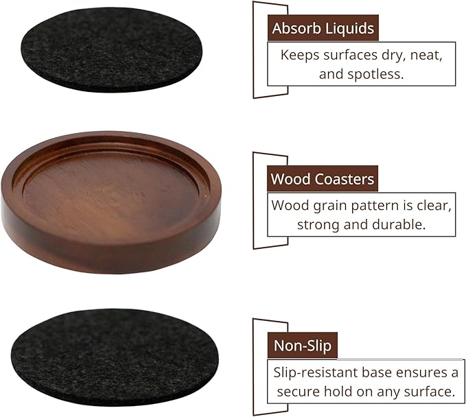 Wooden Coasters with Felt Insert, 4.13 Inch, Set of 6, Absorbent Coasters for Drinks, Absorbent and Insulation Felt Stackable Cup Holders, Absorbent and Heat-Insulated for Coffee Table Decor,