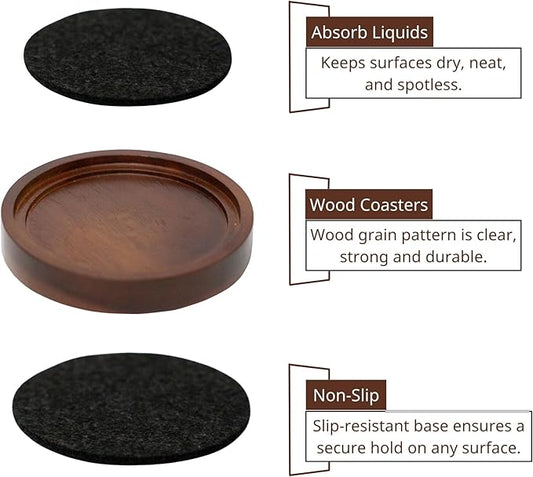 Wooden Coasters with Felt Insert, 4.13 Inch, Set of 6, Absorbent Coasters for Drinks, Absorbent and Insulation Felt Stackable Cup Holders, Absorbent and Heat-Insulated for Coffee Table Decor,