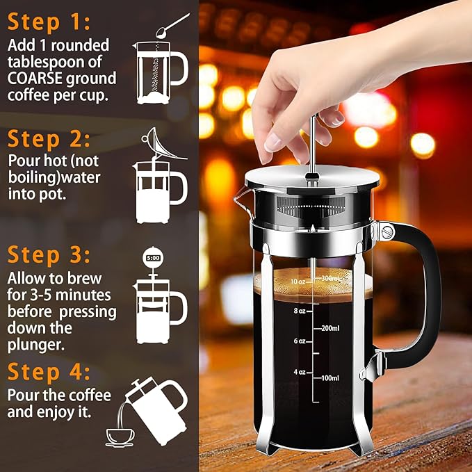 YMMIND French Press Coffee Maker 304 Stainless Steel Coffee Press,with 4 Filters System, Heat Resistant Thickness Borosilicate French Press Glass, BPA-Free Brewed Tea Pot Coffee Plunger(Copper 12oz)
