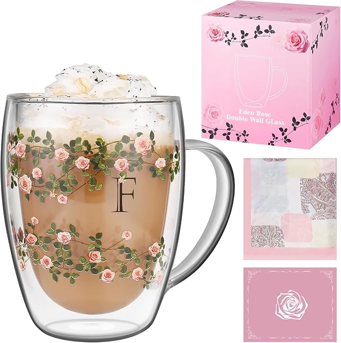 Initial Glass Cup for Women, 12oz Rose Double Walled Glass Coffee Mugs, Personalized Gifts for Women, Initial Coffee Tea Mug with Scarf, Birthday Wedding Gifts for Her Mom Teacher (ROSE-F)