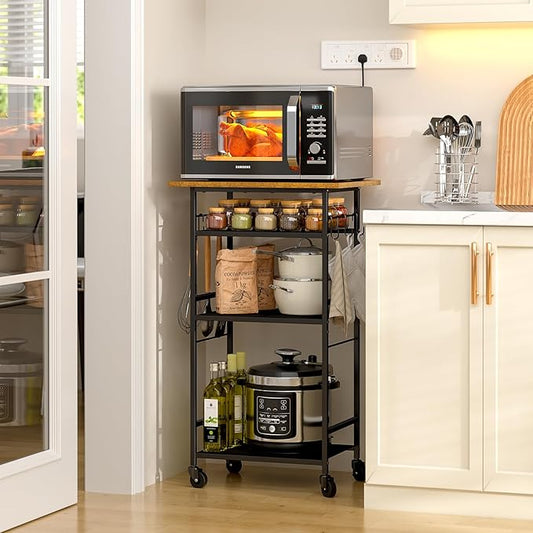 Rolling Kitchen Microwave Cart, 4 Tier Microwave Table Stand with Storage, Kitchen Storage Rack on Wheels, Coffee Station Cart Rack Shelf Organizer for Living Room Office, Balcony