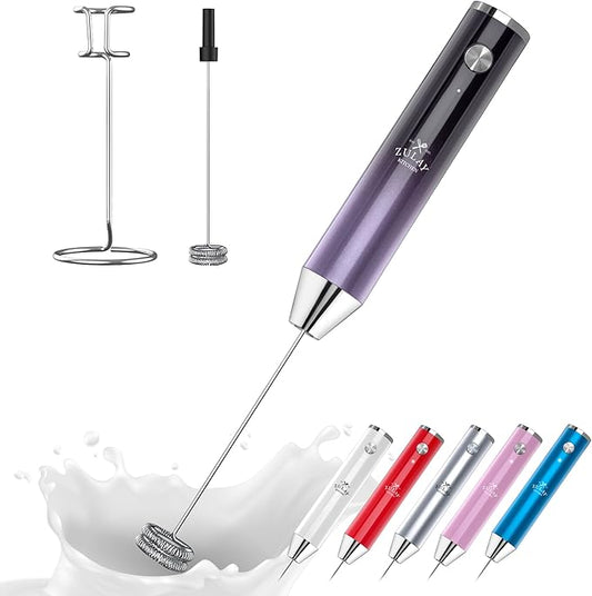 Zulay Kitchen Rechargeable Milk Frother Handheld Lux - Powerful 2-Speed Motor, Waterproof, 2000mAh Battery - Drink Mixer for Latte, Cappuccino, Matcha & Protein Powder - Black Purple