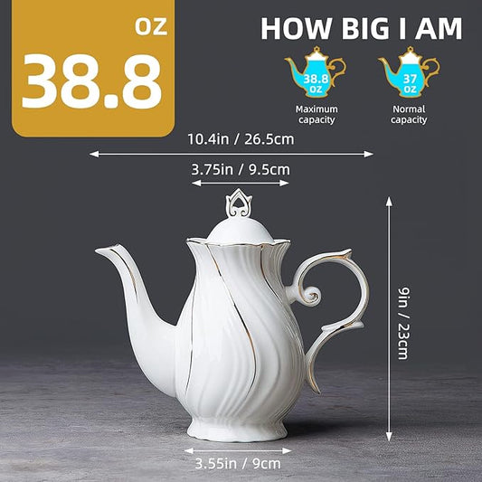 tea pot ceramic with lid, 38.8 Oz for Tea, Milk, Coffee, Flower tea(White with gold thread)