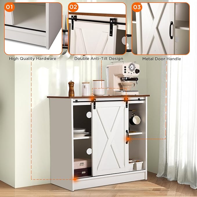 White Coffee Bar Cabinet with Storage, Farmhouse Coffee Bar Cabinet, Coffee Bar Table with Sliding Barn Door, Coffee Bar & Adjustable Shelves, for Kitchen, Dining Room, Living Room
