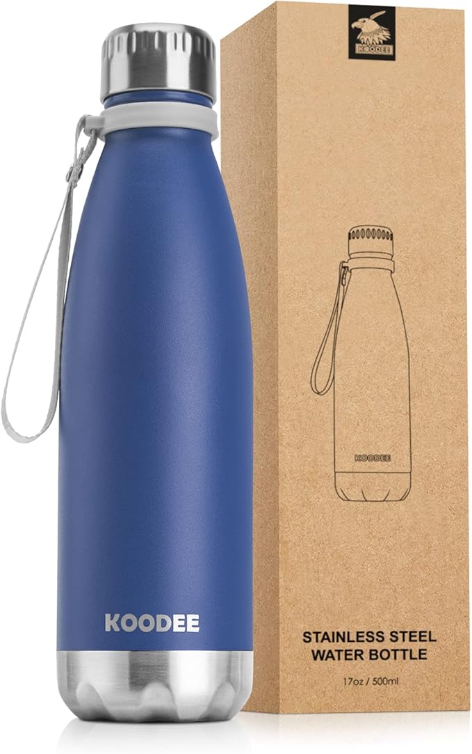 koodee Water Bottle-17 oz Stainless Steel Double Wall Vacuum Insulated Water Bottle for School, Cola Shape Leak Proof Sports Flask (Navy)