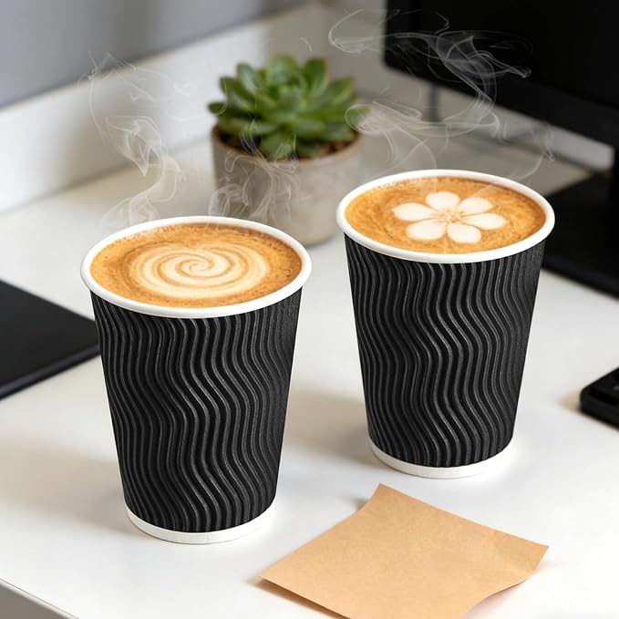 BYSNOW 50 Pack 12 oz Coffee Cups with Lids, Disposable Insulated Hot Cups To Go Paper Coffee Cups, Corrugated Ripple Wall Cup for Hot Drink, Office, Coffee Bar (Black 12 oz)