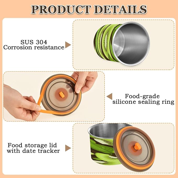 Qilmy Kiwi Fruit Air-Less Vacuum Coffee Storage Container-Airtight Stainless Steel Food Canister with Lid for Beans, Ground Coffee, Tea, Dry Goods, 17oz Kitchen Organizer Jar