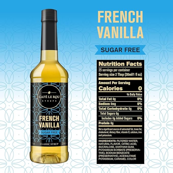 NEW Café Le Rou Coffee Syrup Sugar Free French Vanilla, 25.4oz (Pack of 2)*Includes 2 Coffee Syrup Pumps*Cafe Coffee Flavoring Syrup for Coffee, Tea, and Espresso
