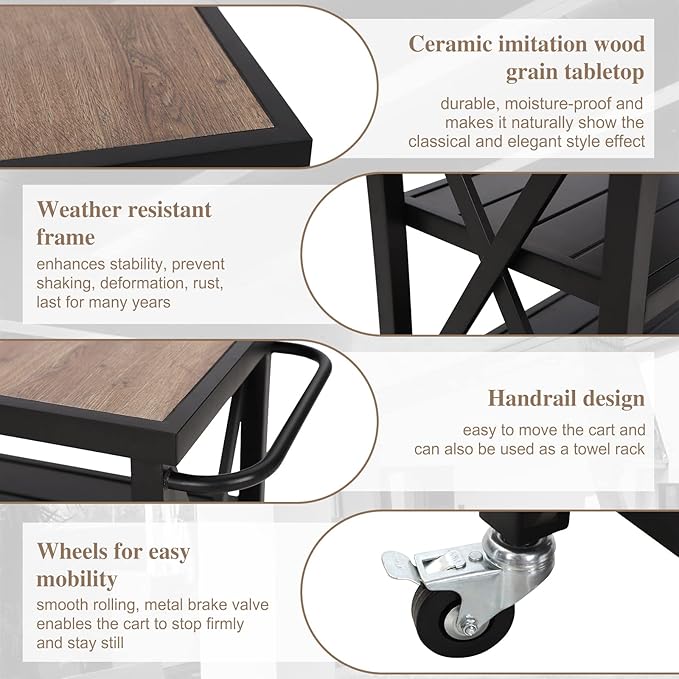 Sophia & William Outdoor Grill Cart Movable Food Prep Table Rolling BBQ Trolley Pizza Oven Stand with Ceramic Wood-Like Tabletop and Lockable Wheels, 35" W x 20.7" D x 35.4" H