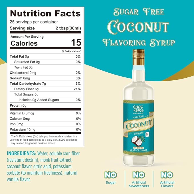 ChocZero Sugar Free Coconut Flavoring Syrup – Keto Friendly, Zero Sugar & Low Calorie, No Sugar Alcohols – 25.4 Fl Oz