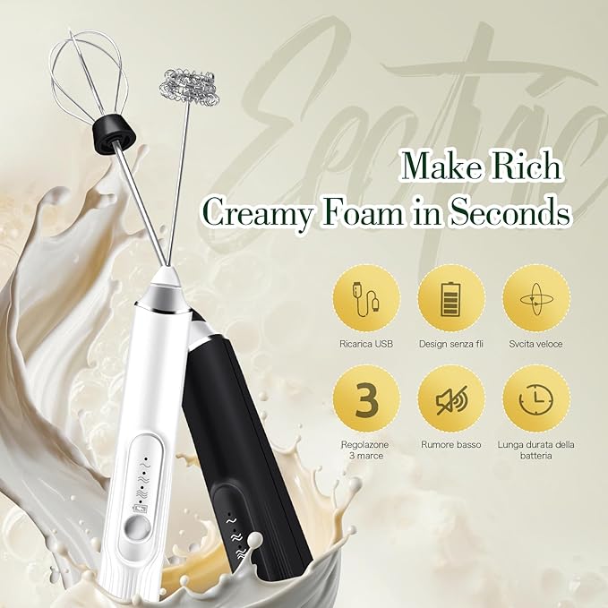 Milk Frother Hand Mixer, Rechargeable Electric Whisk, Cordless Handheld Foam Stirrer with 2 Heads 3 Speeds, For Latte, Cappuccino, Hot Chocolate, Egg, Protein Powder (White)