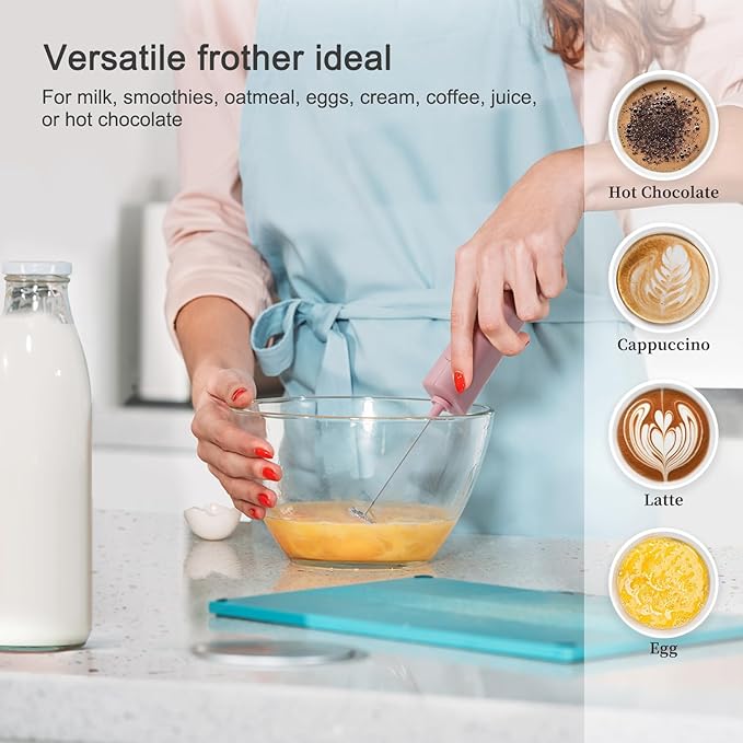 Powerful Electric Milk Frother, Battery Operated Drink Blender, Foam Maker Mixer, Milk Frother Handled for Coffee, Latte, Matcha, Protein Powder (Pink)