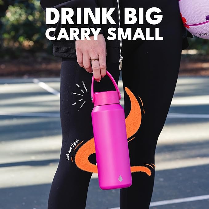Elemental 40oz Insulated Water Bottle with Straw - 100% Leak-Proof Stainless Steel Core Water Bottles for Travel, Sports and Gym - Double Wall Insulation & BPA Free - Hot Pink