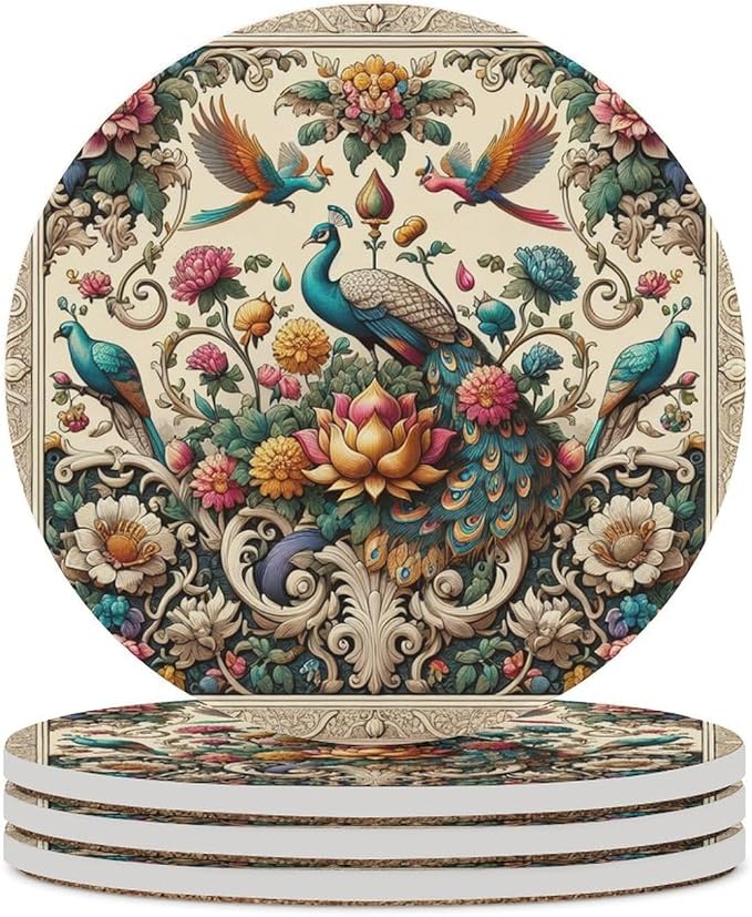 Round-4PCS Peacock Drink Coasters, Round Modern Ceramic Absorbent Coasters, Beautiful Plant Colorful Floral Peacock Boho Peacockr Desk Coffee Table Coaster for Beverage Cup Tea Coasters