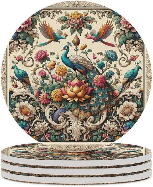 Round-4PCS Peacock Drink Coasters, Round Modern Ceramic Absorbent Coasters, Beautiful Plant Colorful Floral Peacock Boho Peacockr Desk Coffee Table Coaster for Beverage Cup Tea Coasters