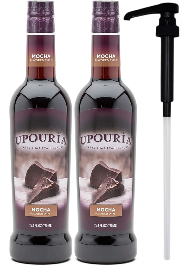 Upouria Mocha Coffee Syrup Flavoring, 100% Vegan, Gluten-Free, Kosher, 750 mL Bottle (Pack of 2) with Coffee Syrup Pump