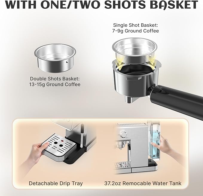 20 Bar Espresso Machine, Professional Espresso Machine with Milk Frother, Compact Espresso Maker for Cappuccino and Latte, Removable Water Tank and Drip Tray