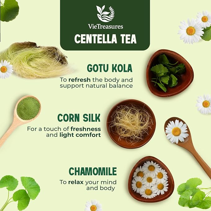 VieTreasures Centella Tea, 40 Tea Bags | Natural Centella & Chamomile. Caffeine-Free, Sugar-Free, Gluten-Free, Mild Sweet Herbal Infusion | Assist With Water Retention & Digestion| Detox Tea, 2.8oz