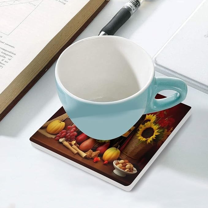 Square-6PCS Red Wine Ceramic Coasters, Square Absorbent Drink Coasters, Vintage Style Floral Red Wine Grapes Sunflower Ceramic Table Coasters for Coffee, Beverage, Wine, Beer Coasters