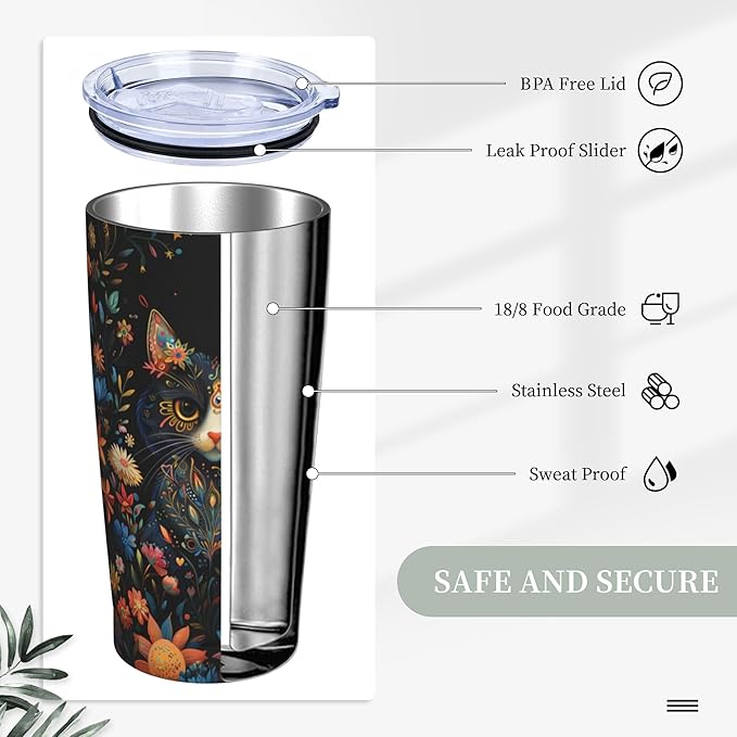 Cat Tumbler with Lid and Straw 20oz Coffee Tumblers Leakproof Stainless Steel Travel Mug Vacuum Insulated Cup for Iced and Hot