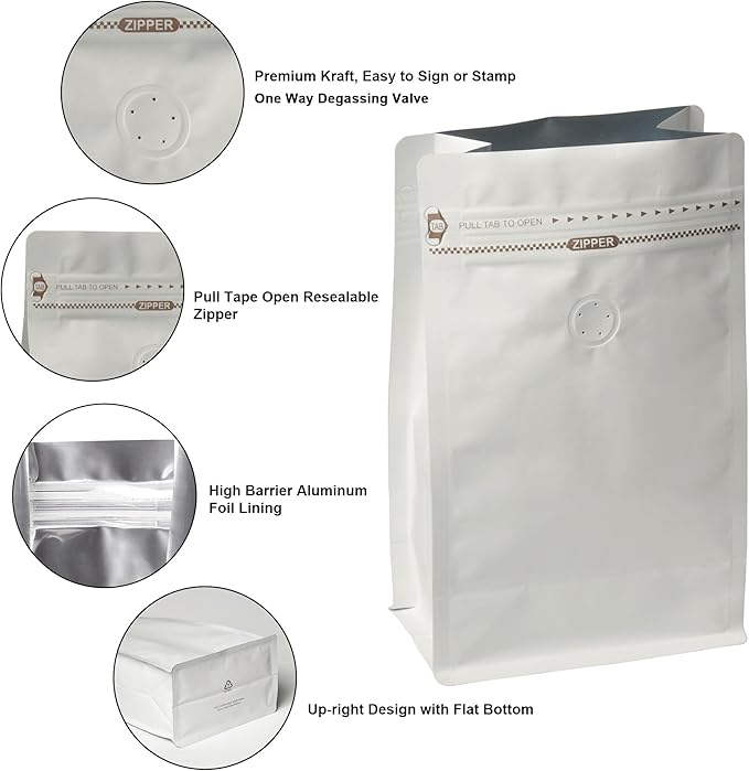 White Kraft Coffee Bags with Side Gusset, Resealable Stand-Up Coffee Pouches with Side Zipper, Degassing Valve for Coffee (Size: 3.75 x 7.25", 4oz/0.25lb, Pack of 50)