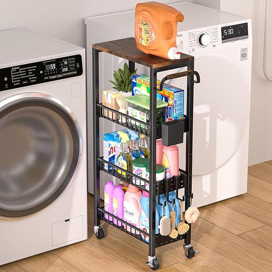 Laundry Room Organization Cart, 4 Tier Slim Rolling Cart for Small Narrow Spaces, Storage Shelf Cabinet with Wheels for Bathroom, Utility Room, Kitchen, Near Washer and Dryer (9.1" W Overall)