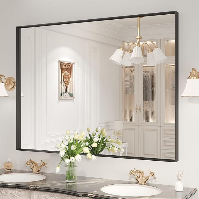 LOAAO Black Bathroom Mirror 48"X36" for Wall, Rectangle Bathroom Vanity Mirror, Tempered Glass, Hangs Vertically or Horizontally, Easy to Install, Modern Design